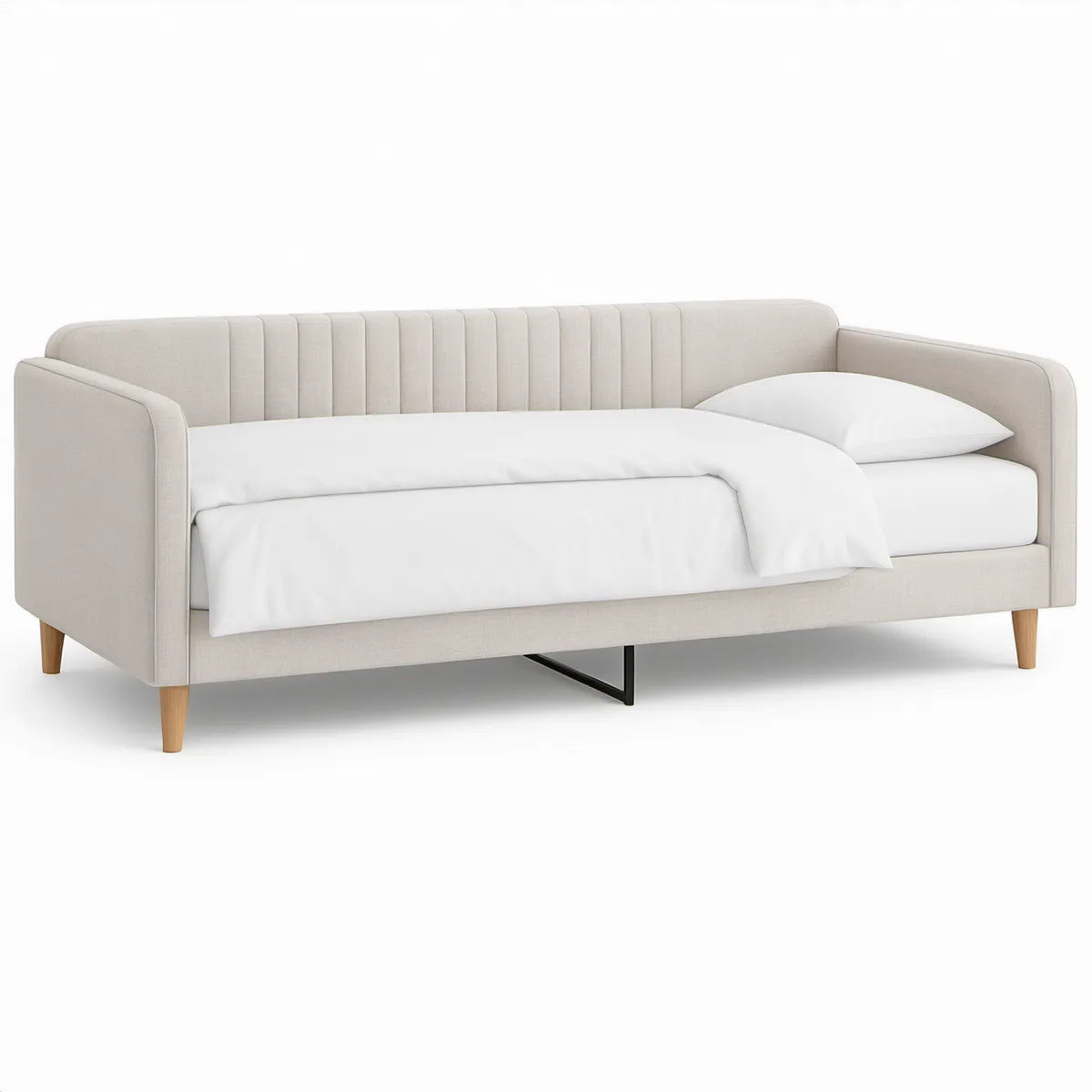 Beige sovesofa i polyester med udtræk, 220 x 90 x 85 cm – Valenluna