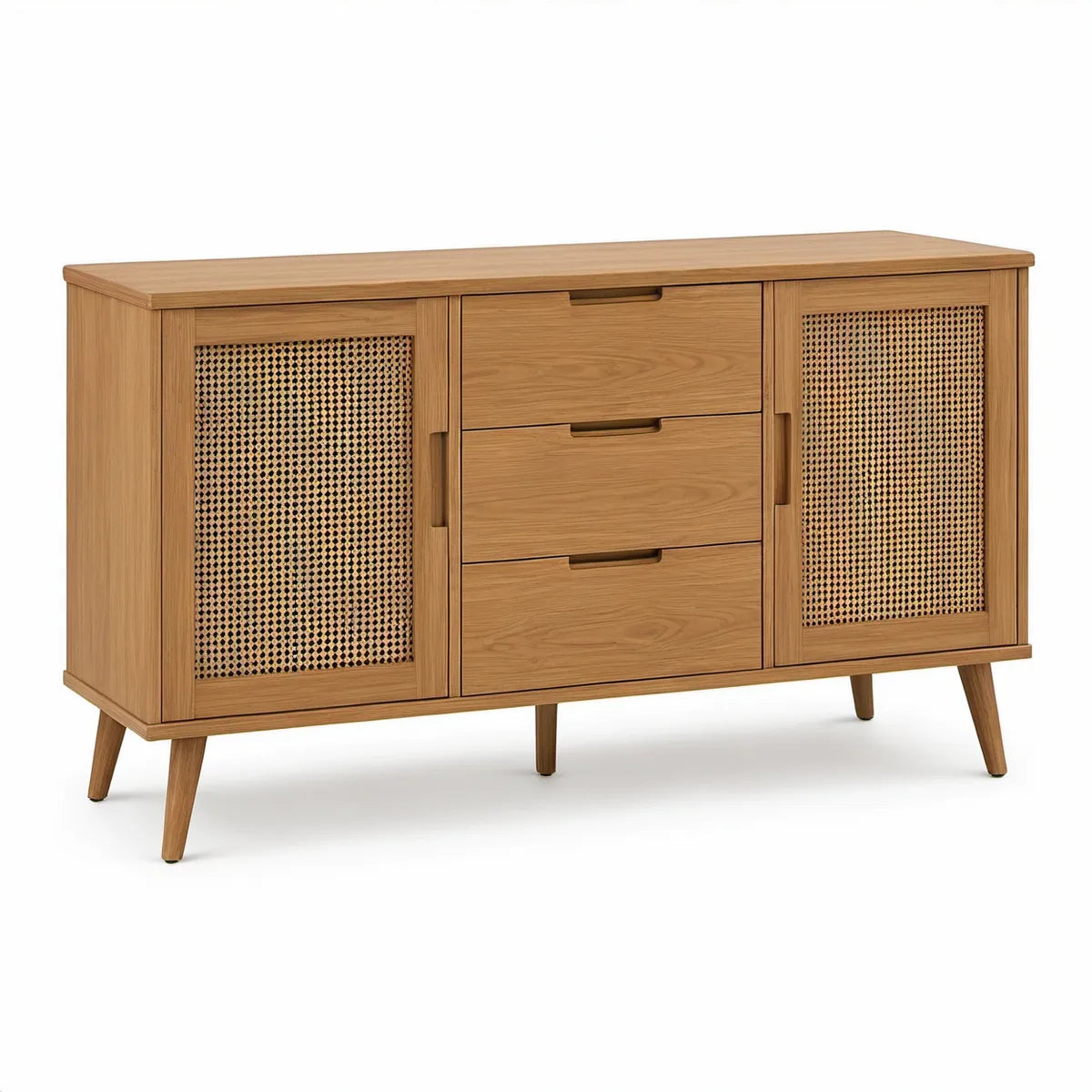 Skænk med 2 låger og 3 skuffer i naturfarvet eg og rattan, 160 x 40 x 90 cm