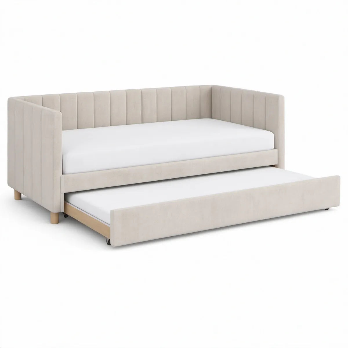 Beige sovesofa med udtræksseng, 2 sovepladser 90 x 200 cm, 210 x 100 x 85 cm