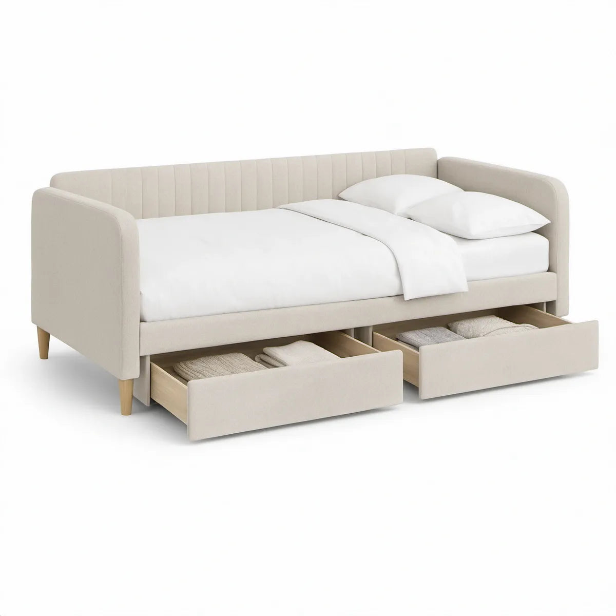 Polstret enkeltseng 90 x 200 cm i creme med 2 opbevaringsskuffer
