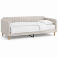 Beige sovesofa i polyester med udtræk, 220 x 90 x 85 cm